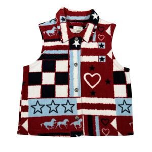 Vintage Patriotic Patchwork Fleece Vest With Stars Hearts Horses 2003 Sz Medium